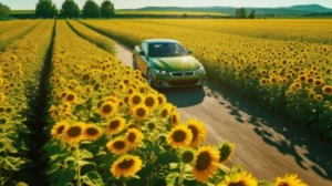 Une voiture verte qui roule dans un champs