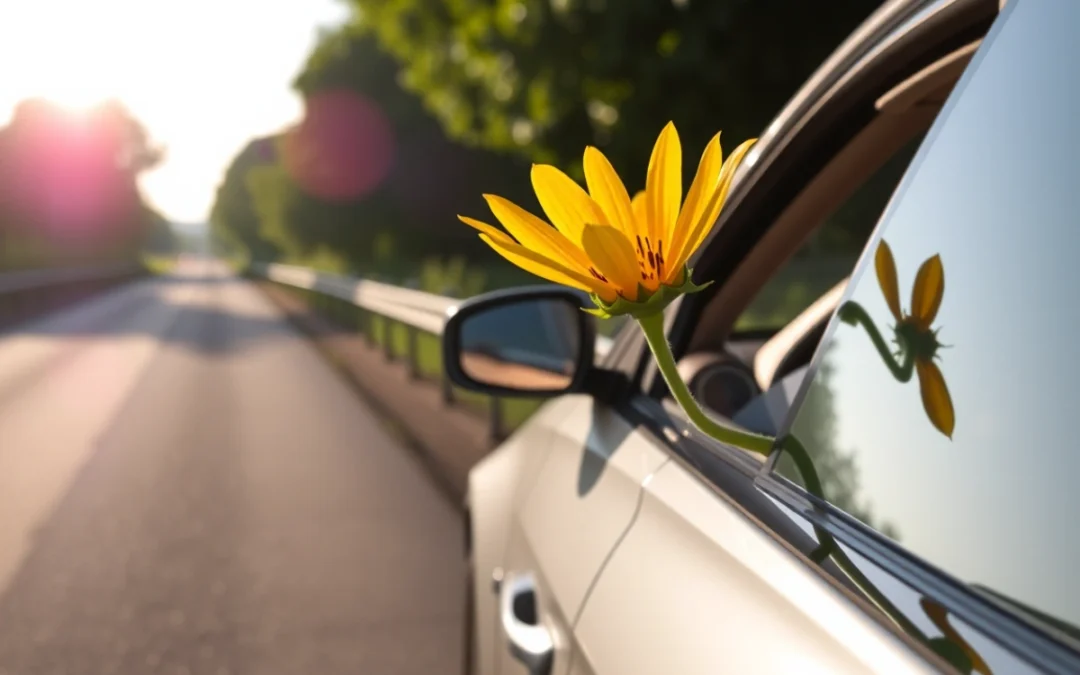 A late-model car on a country road with sunflowers in the sun