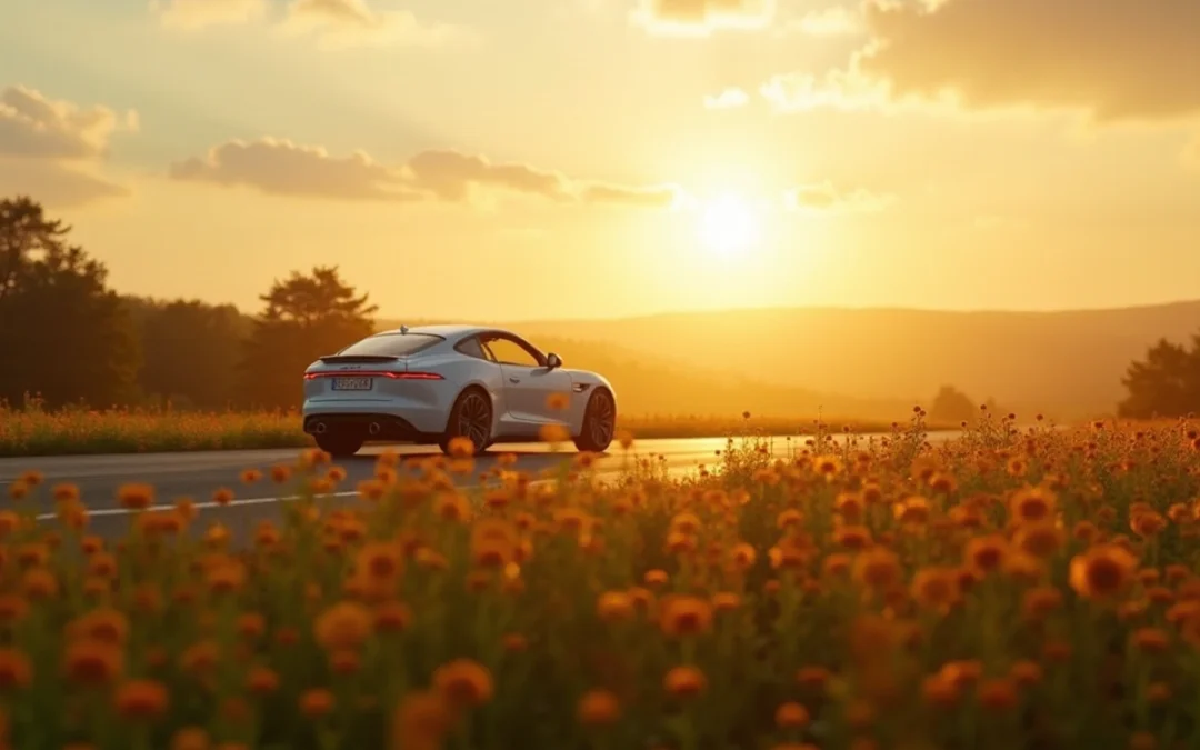 une voiture roule dans le soleil champ de tournesol au premier plan