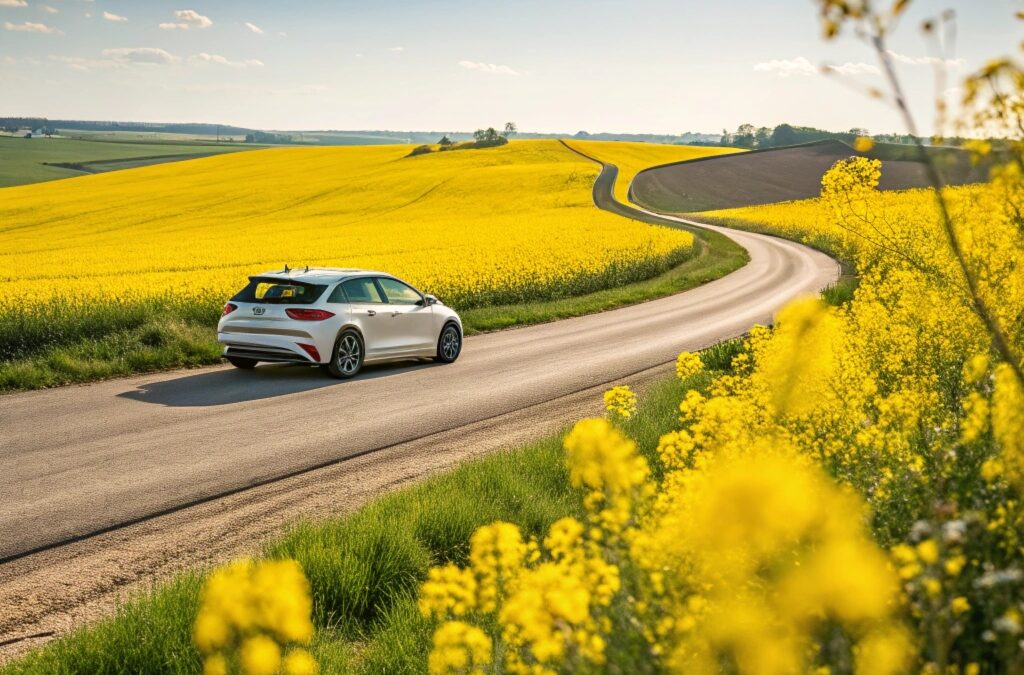 Une voiture moderne roulant doucement sur une route de campagne ensoleillée, entourée de champs de colza vibrant de jaune, avec un effet bokeh sur les fleurs au premier plan et un ciel bleu éclatant.