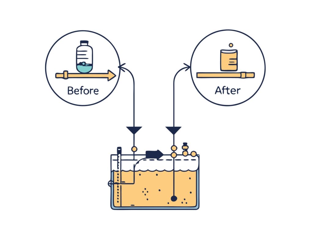 Vue en coupe d’un réservoir d’AdBlue montrant les cristaux d’acide cyanurique avant et après l’utilisation de l’Ad 35, avec des composants nettoyés et fluidifiés.