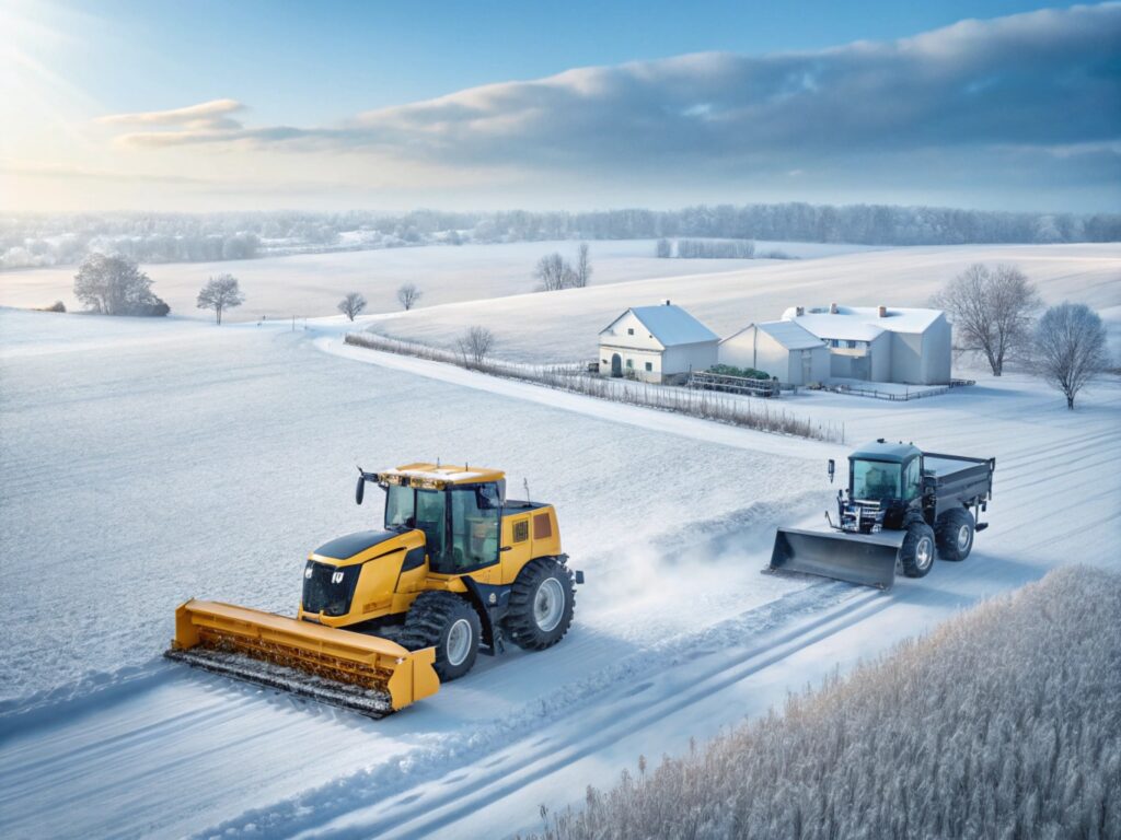 Usage industriel : Engins de chantier et machines agricoles opérant sans problème dans un environnement enneigé, mettant en avant l’efficacité des solutions contre le gel du gasoil.