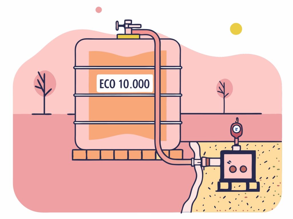 Schéma technique : Vue en coupe d’un réservoir de gasoil montrant le fonctionnement de l’Eco 10 000, empêchant la formation de cristaux de glace dans le carburant.