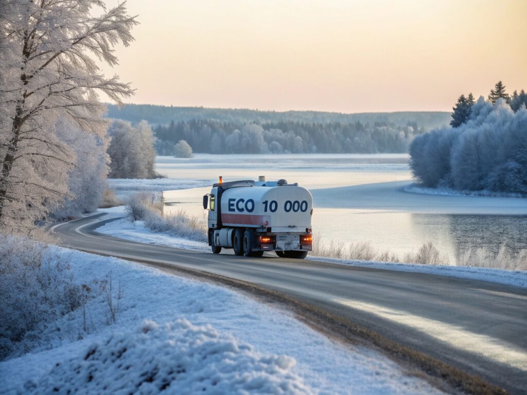 Un camion de transport sur une route enneigée, entouré de paysages glacés, avec des réservoirs et circuits dégagés, symbolisant la fluidité du gasoil grâce à l’Eco 10 000.