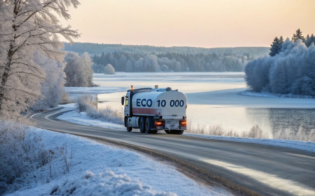 Un camion de transport sur une route enneigée, entouré de paysages glacés, avec des réservoirs et circuits dégagés, symbolisant la fluidité du gasoil grâce à l’Eco 10 000.