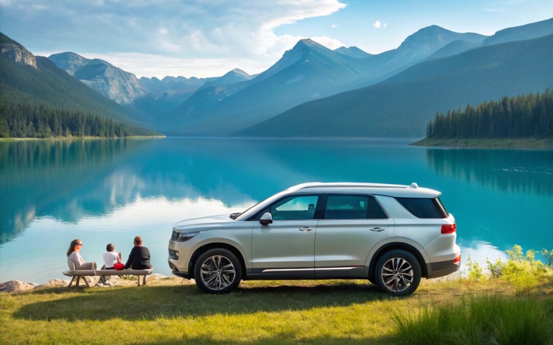 un SUV au bord d'un lac paisible