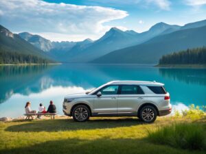 un SUV au bord d'un lac paisible