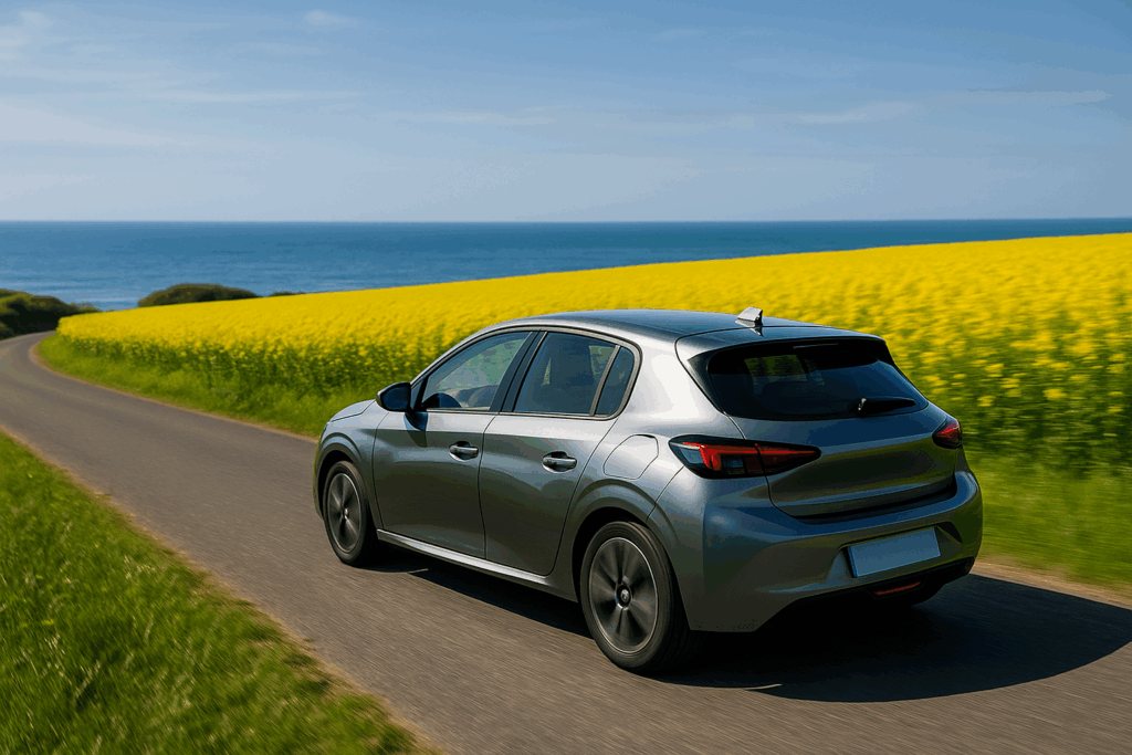 une compacte moderne parcourt une petite route côtière française, avec d’un côté l’océan Atlantique et, de l’autre, un vaste champ de colza en pleine floraison.