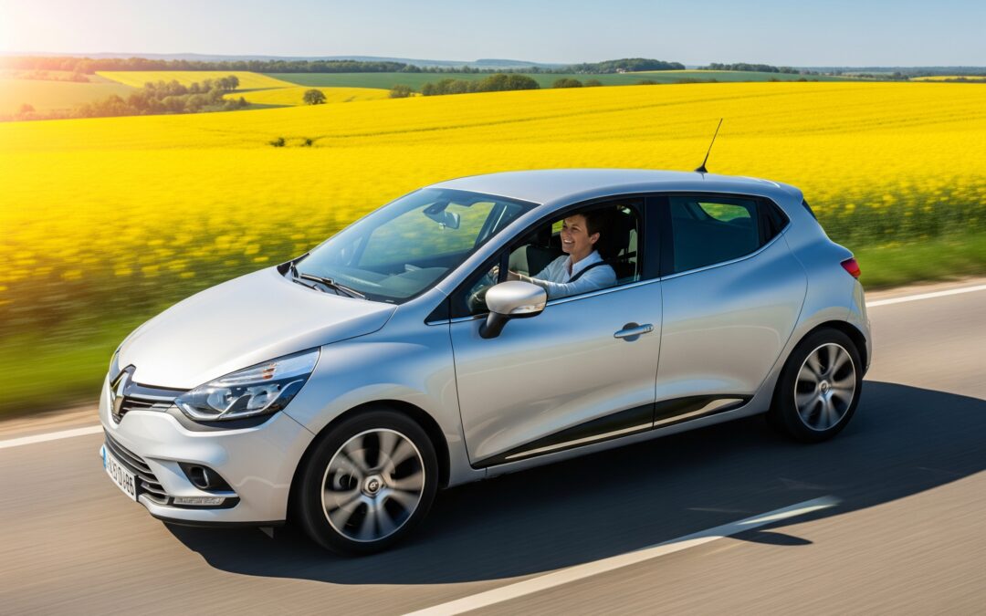 ne personne souriante au volant d'une voiture sur une route de campagne ensoleillée, avec des champs de colza en fleurs