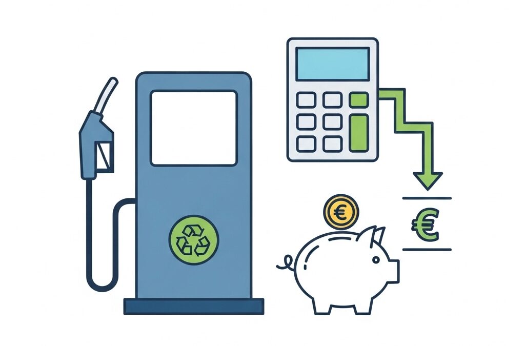 icône graphique qui combine une pompe à essence minimaliste, un symbole de calculatrice et une icône d'économies, dans un style épuré avec une palette de bleus, verts et blancs.
